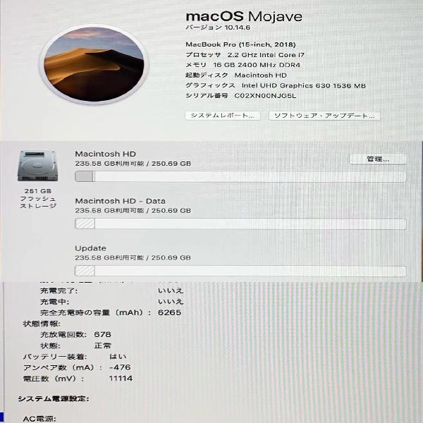 MacBook Pro 15インチ 2018 2.2GHz Intel Core i7 16GBメモリ 256GB