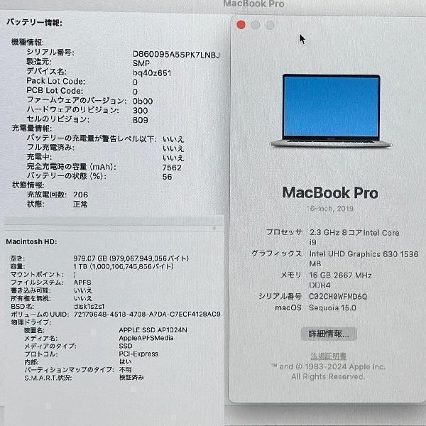 MacBook Pro 16インチ 2019 2.3GHz Core i9 16GB 1TB A2141 美品-下部